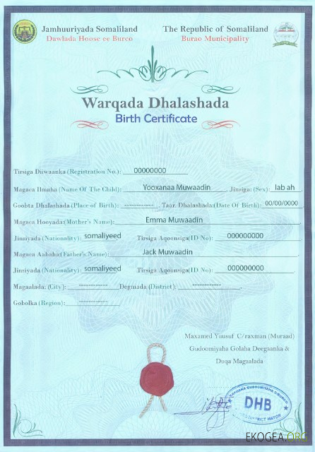 Modèle d'acte de naissance en Somalie au format PSD